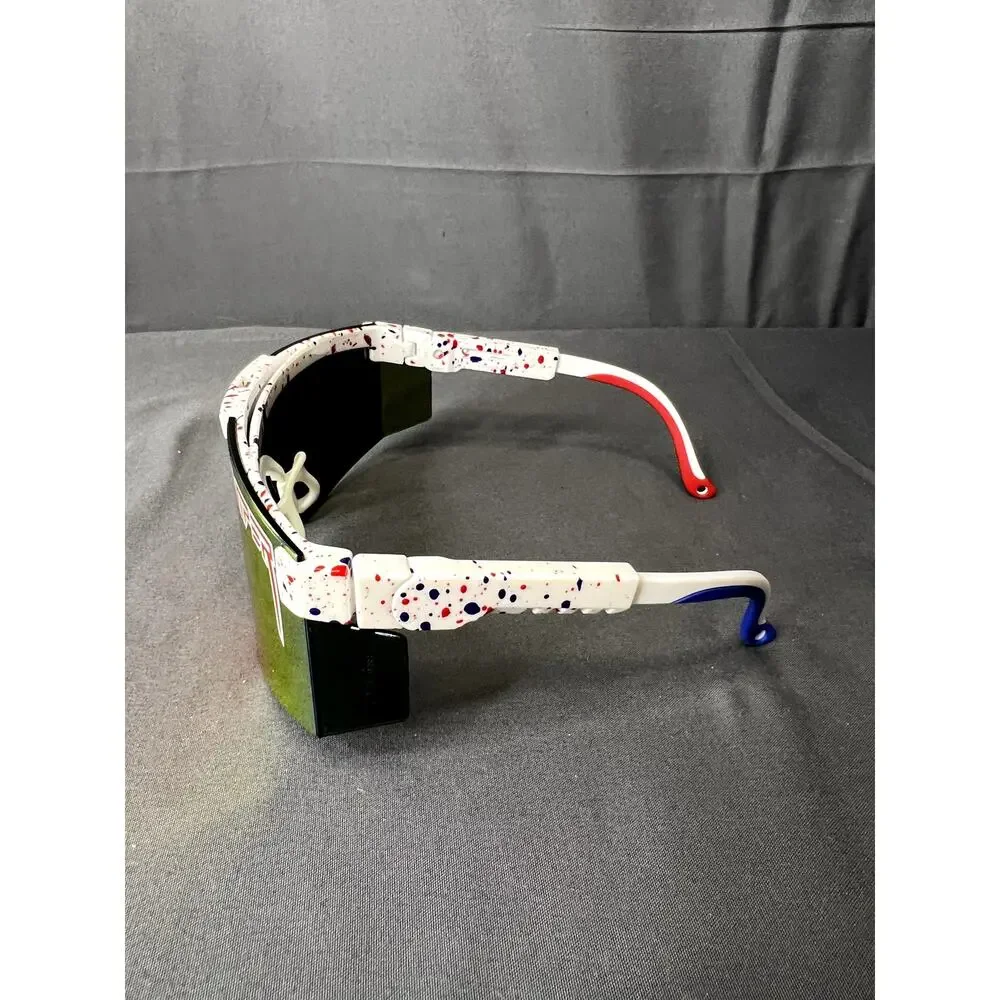 Pit Viper white splatter sunglasses with red and blue accents
